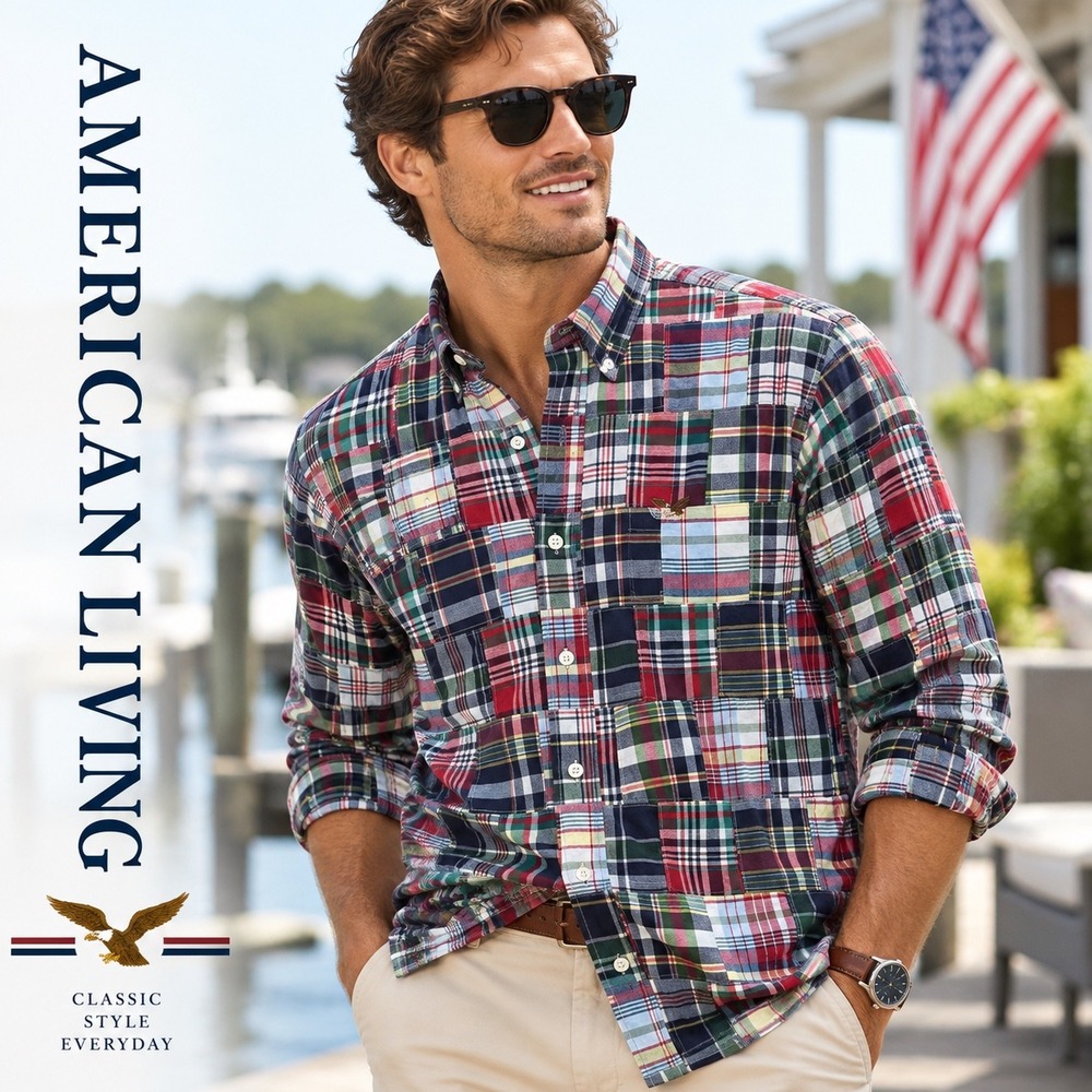 American Living Patchwork Madras Shirt Mens M Plaid Button Down Preppy Cotton